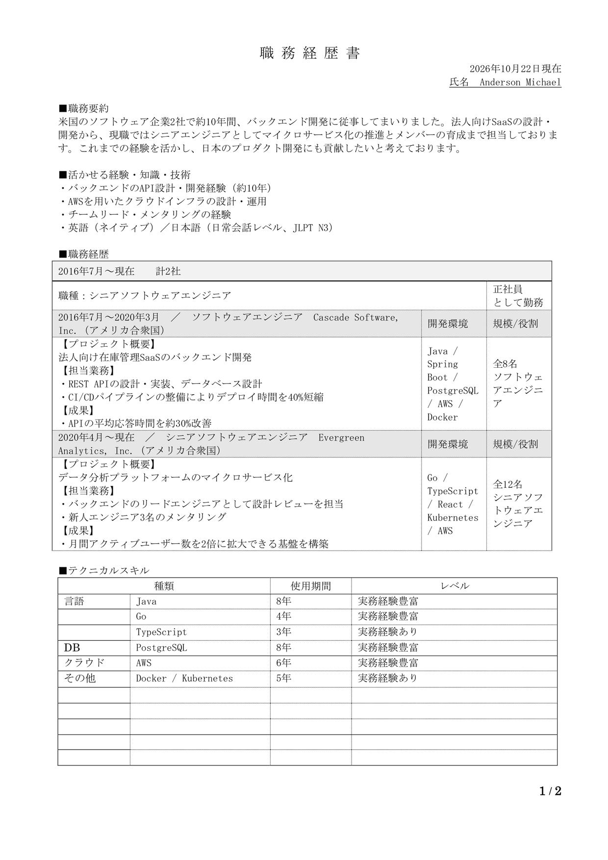 Sample Japanese shokumukeirekisho career history for a fictional US software engineer, with dated company headings, responsibilities and quantified results